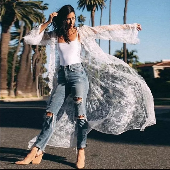 Other - white lace maxi long duster kimono beach coverup